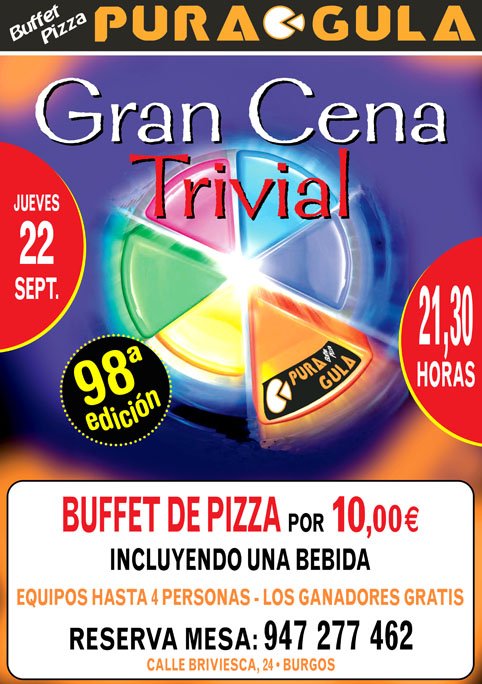PuraGulaBurgos's tweet photo. GANA un Buffet para 2 retuiteando este cartel. Sorteo público el día 22 durante la Cena Trivial @PuraGulaBurgos https://t.co/CWc0Z2MEK6