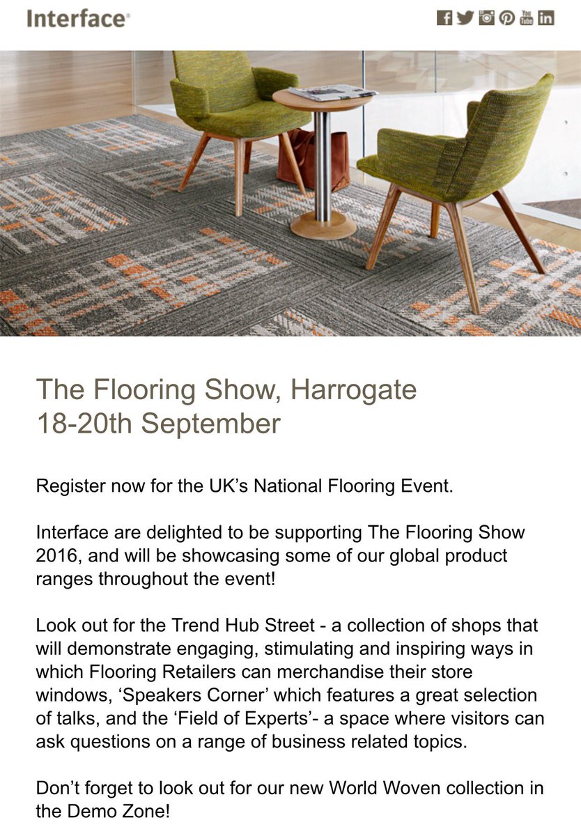lisamacjfloors's tweet photo. 3 days to go for the @FlooringShow. Be sure to visit us @ Trend Hub Street to see #Interface colleagues &amp; products! https://t.co/7K5nP7bOQD