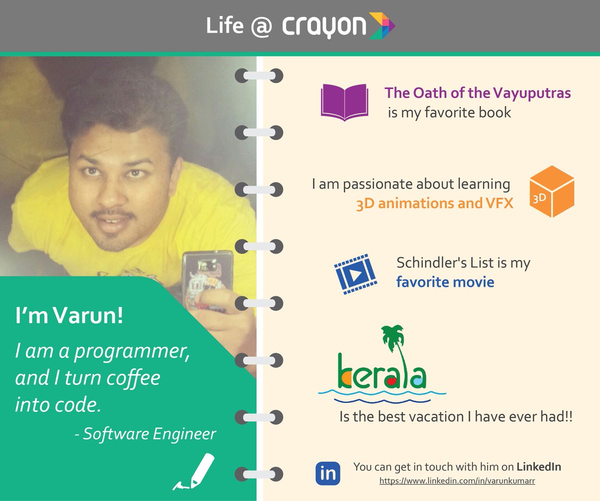 CrayonBigData's tweet photo. Our software engineer, Varun Kumar, shares his experience working at Crayon. https://t.co/OxUmuN0NIX #LifeatCrayon/ https://t.co/TKseL8PmlM