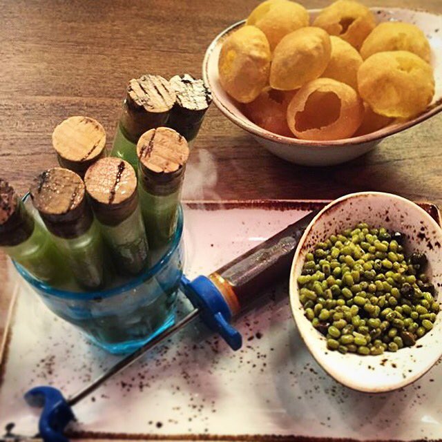 DIY Pani Puri, <a href="/Spiceklub/">SpiceKlub</a> - tamarind chutney shot, spicy Pani test tubes in dry ice served with moong #MumbaiVeggie