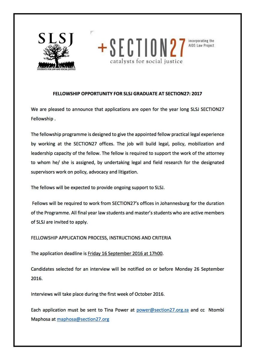 SECTION27news's tweet photo. The @SLSJ_SA - S27 fellowship application process for 2017 is still open. The deadline is TOMORROW! Apply, comrades! https://t.co/ybAdG0taQU