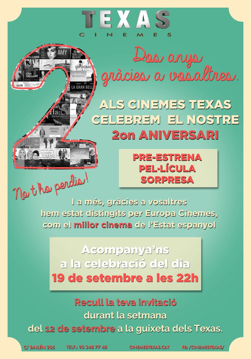 CineTexas2014's tweet photo. Dilluns 19 setembre- 22:00 h. celebrem el nostre segon aniversari.
Vine a buscar la teva invitació a la taquilla. https://t.co/ZgNBRmtMFr
