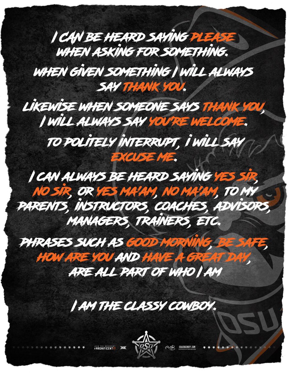 JasonMcEndoo's tweet photo. Character is important on &amp; off the field‼️@CoachGundy stresses what it means to be a "Classy Cowboy" @CowboyFB 🍊💥🔫 https://t.co/bW7wEkJAFF