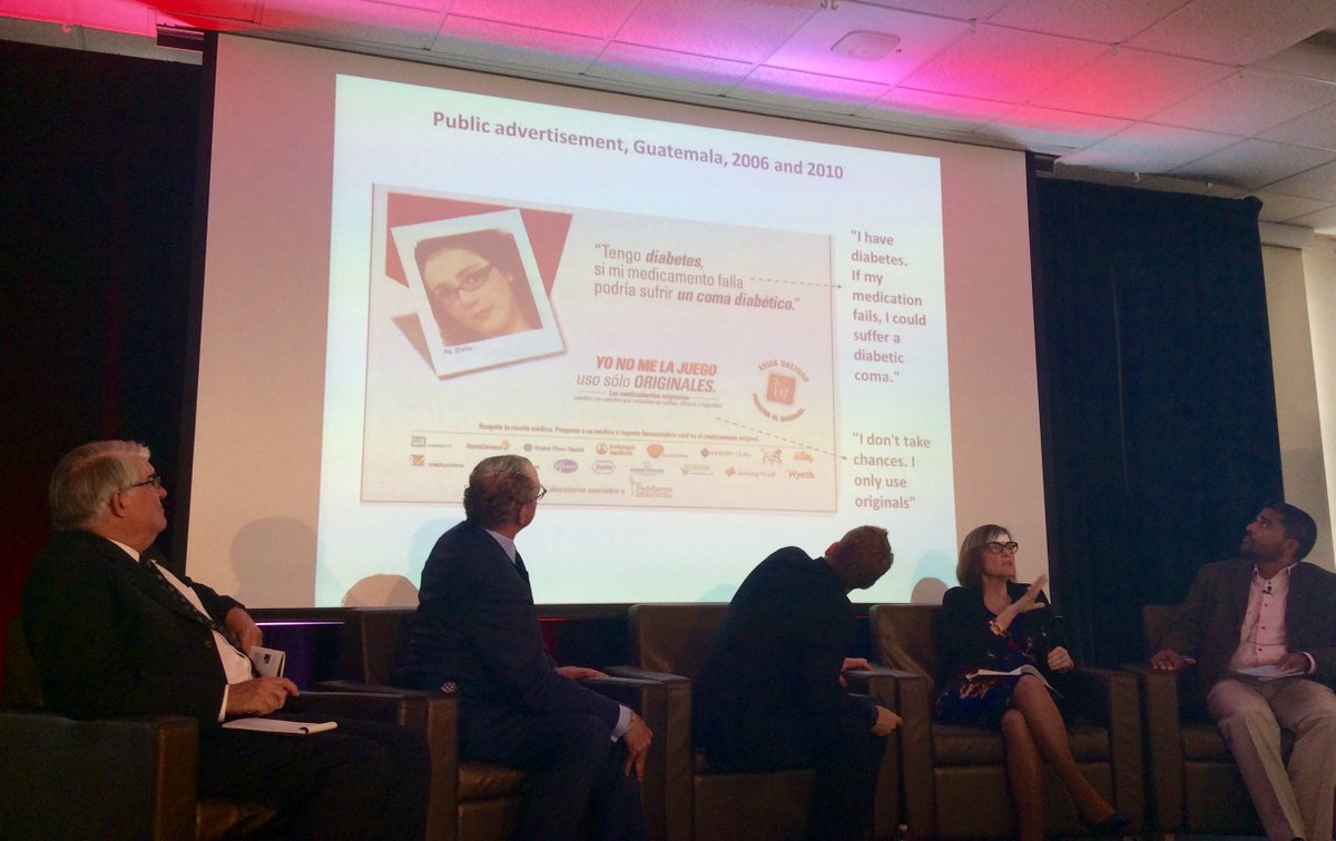 "I don't take chances. I only use originals." Margaret Ewen of <a href="/HAImedicines/">Health Action International</a> shows #Guatemala drug ad #BUSPHSymposia