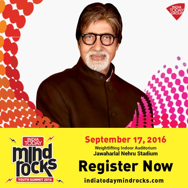 mindrocks's tweet photo. Meet the ageless superstar @SrBachchan at @IndiaToday #MindRocks16 on Sept 17. Register - https://t.co/MBmuR7Gw63 https://t.co/gqY1x3fgcO
