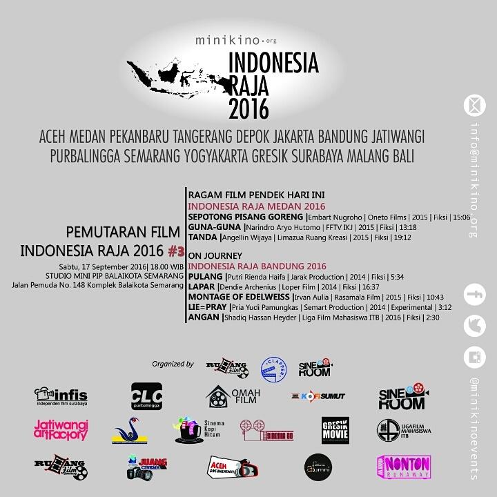 Sabtu besok Ruang Film Semarang akan memutarkan program film pendek dari wilayah Bandung dan juga Medan, gratis!