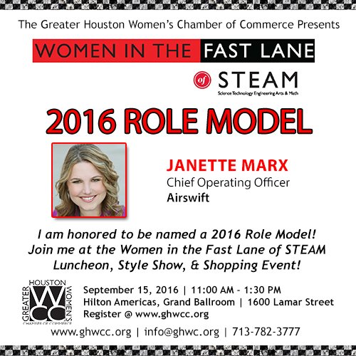 weareairswift's tweet photo. Our COO @JanetteMarx was selected as a role model at the @GHWCC Women in the Fast Lane! #WeAreAirswift #WIFL2016 https://t.co/avHTowycWf