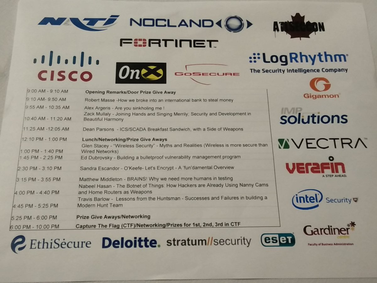BSidesStJohns's tweet photo. Schedule for today's BSides St. John's 2016! #bsidesstjohns https://t.co/hltW8etQwO