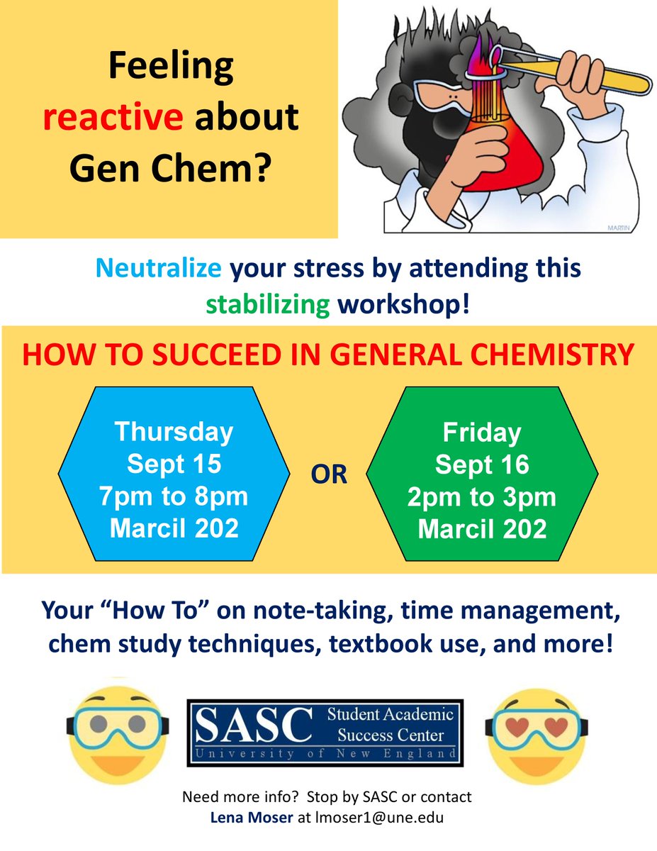 #UNE Gen Chem students: learn how to ease your chem stress tonight or tomorrow with <a href="/LenaSASC/">Lena Moser</a>
