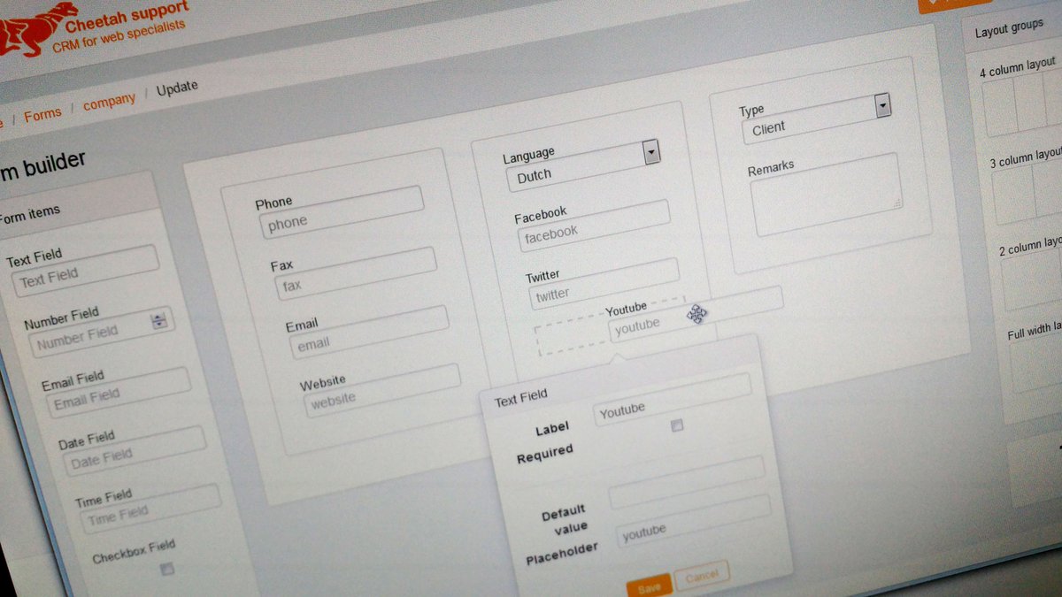 CheetahCRM's tweet image. Sneak preview of our form-builder. In Cheetah Support you can easily design your own forms!