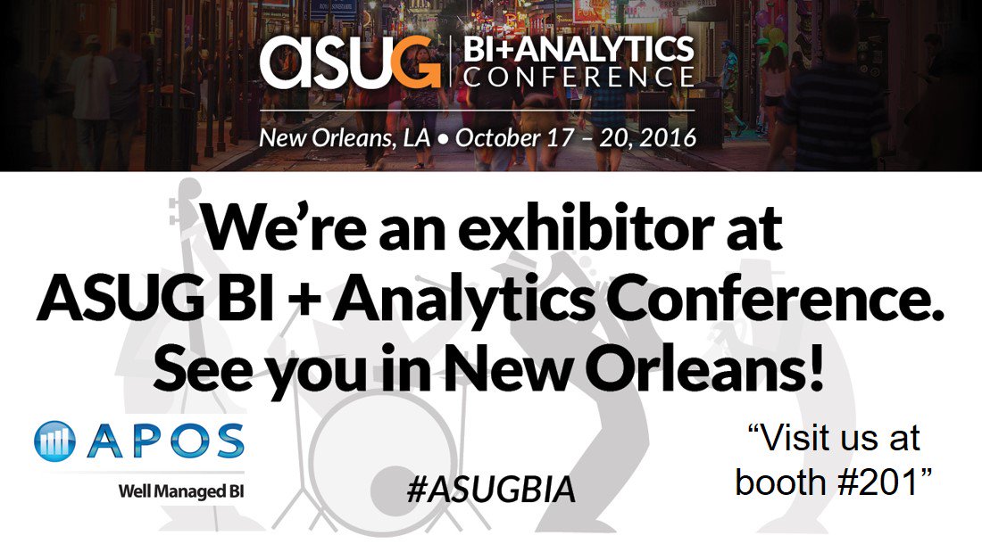APOS_Systems's tweet photo. Make sure to visit the @APOS_Systems booth #201 @ #ASUGBIA New Orleans! #BI #WellManagedBI #APOS https://t.co/kYeXPFfXsS