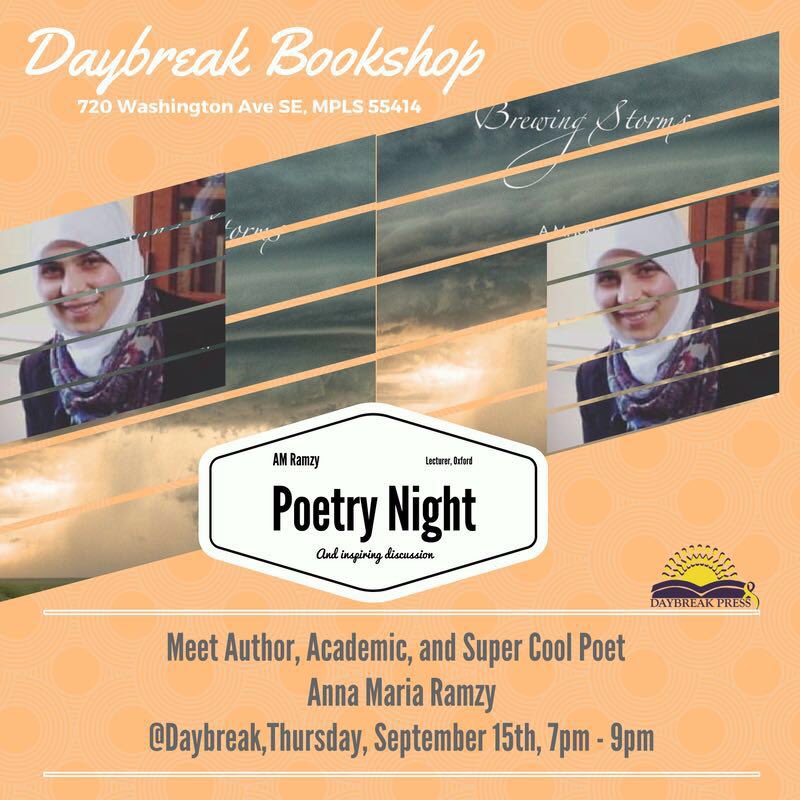 AM_Ramzy's tweet photo. Speaking today @DaybreakPress in #Minnesota about my #poetry book #BrewingStorms! 7pm CST (that's 1am GMT π³ #jetlag) https://t.co/N1QpPkAqRs