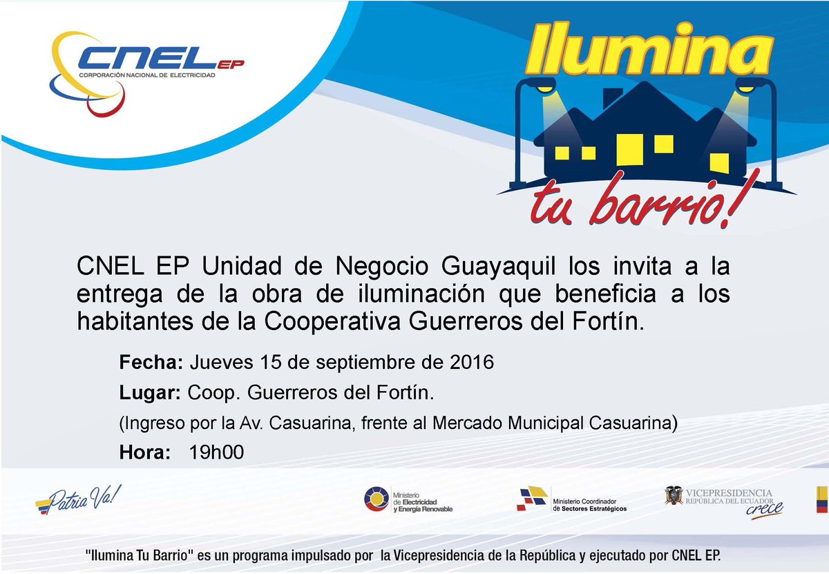 Esta noche <a href="/CNEL_EP/">CNEL EP</a> entrega la obra de iluminación a la comunidad Guerreros del Fortín #IluminaTuBarrio #Guayaquil