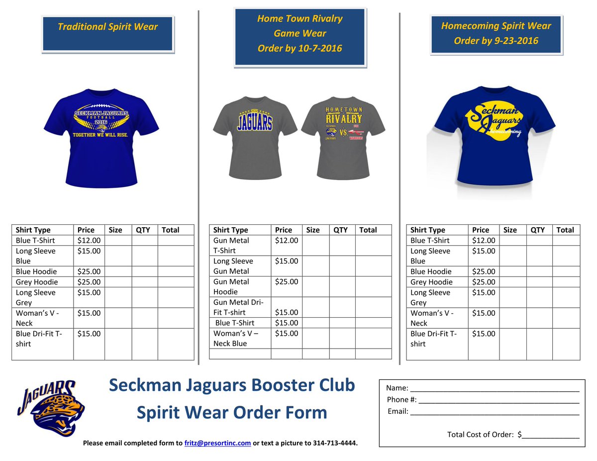 Homecoming Spirit Wear will need to be ordered over the weekend! 
Email Jeromy at fritz@presortinc.com or text to 314.713.4444.