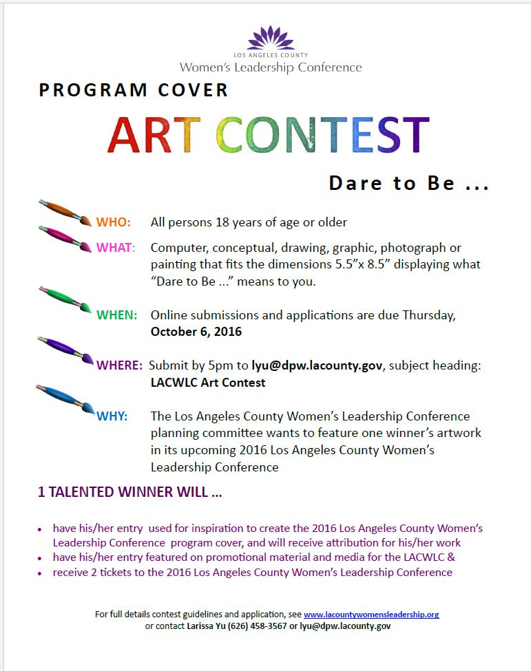 LACWomenLeaders's tweet photo. #Dare2Be #artistic ! Artwork Cover Contest due Oct. 6th. #ContestAlert #creativity #womeninspired https://t.co/XTam2vtUA7 https://t.co/hCQKsqHUXi