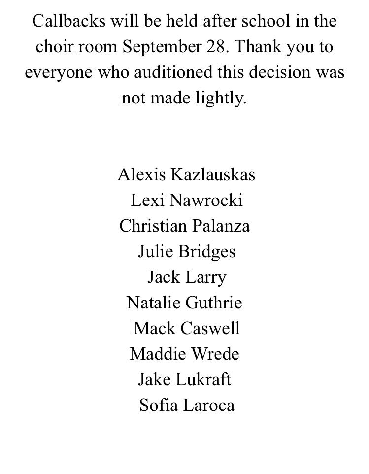 Thank you to everyone who auditioned! This decision did not come easy. Callbacks will be held Wednesday, September 28 right after school.