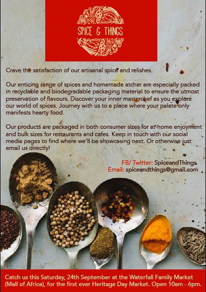 SpiceandThings's tweet photo. Catch us this Sat 24 Sept for the @mallofafrica for the Waterfall Family Market. Visit our stand @SpiceandThings https://t.co/uVKCJgzBIj