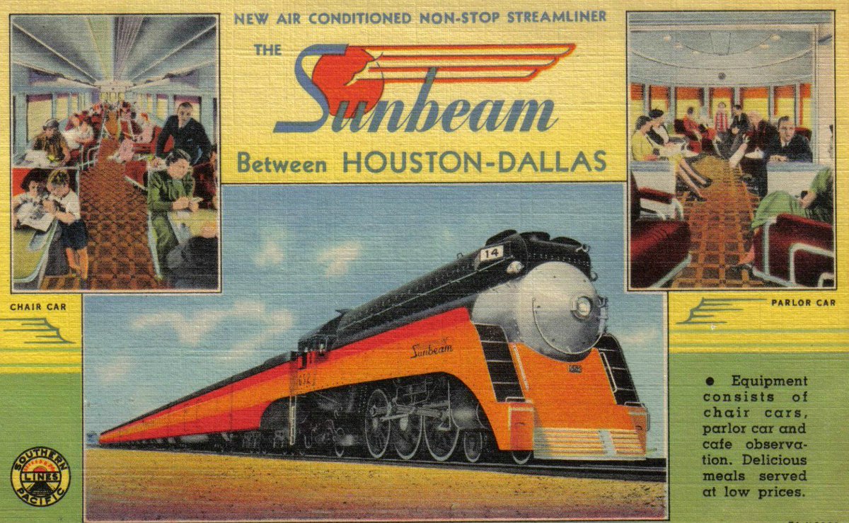 PresHou's tweet photo. Today’s #tbt: the Sunbeam, a gorgeous streamlined train that made daily runs between Houston and Dallas from 1925 to 1955. https://t.co/Vg7v9Pg0Gc