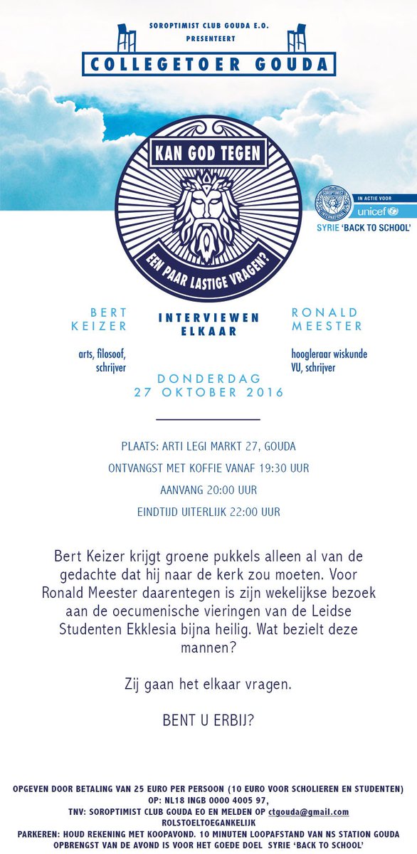 27/10 1e Collegetoer Gouda met Bert Keizer en Ronald Meester. Georganiseerd door Soroptimistclub Gouda e o. tbv Syrië 'Back to School'