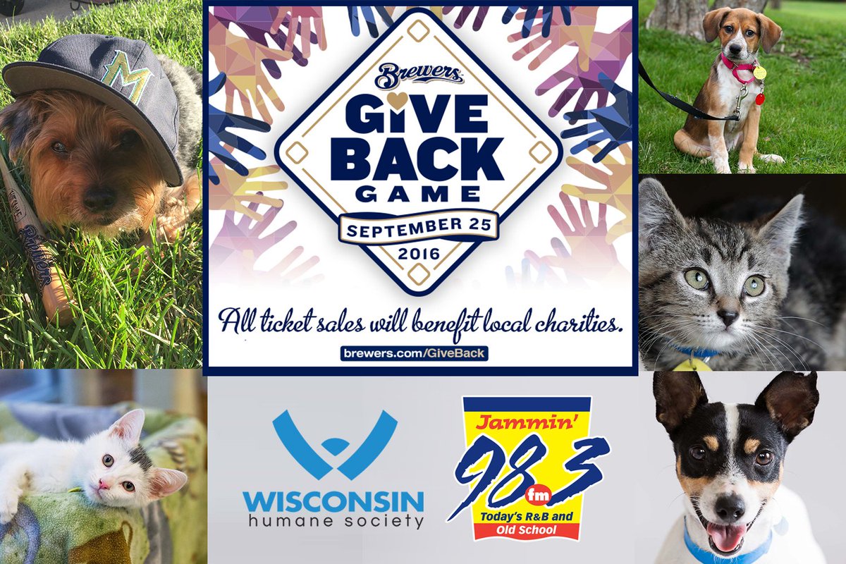 Jammin983's tweet photo. Get your tickets to the @Brewers #GiveBackGame this Sunday & select @WiscHumane as your charity of choice! Details: https://t.co/Nuf4HPR5co https://t.co/mCh298xMxz