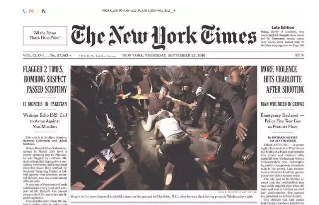 TheDavenReport's tweet photo. FRONT PAGES: "Chaos in #Charlotte" Newspapers across the country react to 2nd night of #CharlotteRiots #KeithLamontScott https://t.co/YdGSfa6ym4