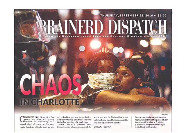 TheDavenReport's tweet photo. FRONT PAGES: "Chaos in #Charlotte" Newspapers across the country react to 2nd night of #CharlotteRiots #KeithLamontScott https://t.co/YdGSfa6ym4