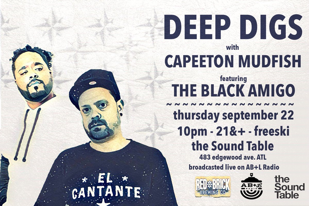 CaptMudfish's tweet photo. 2nite, @theSoundTable #deepdigs returns w guest @The_Black_Amigo FREE, 10pm, beers by @RedBrickBrewing broadcast by @ablradio #vibes https://t.co/C5rHto5UuO