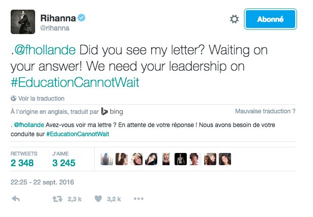 Rihanna attend une réponse de sa lettre à François Hollande