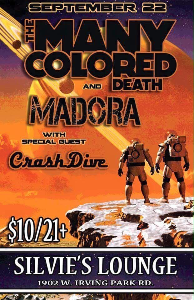 CrashDiveMusic's tweet photo. Back in the city tonight with @MadoraJW &amp; #TheManyColoredDeath. @gigabitrocks @silvieslounge. Show starts at 8! https://t.co/Jp5VUexLkJ