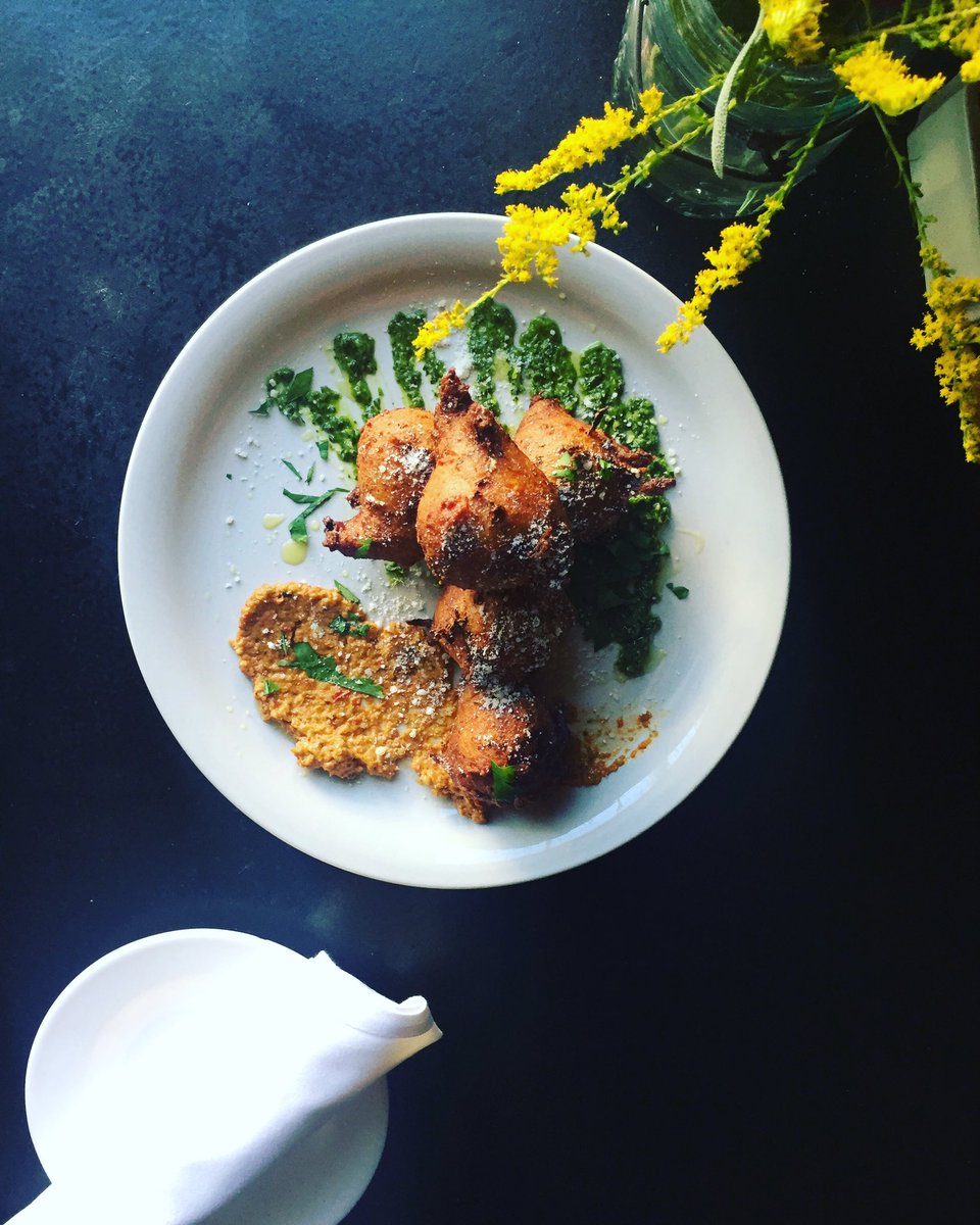 e2pgh's tweet photo. zucchini cake, parm, chimichurri, romesco, chili oil https://t.co/ECswULMFUw
