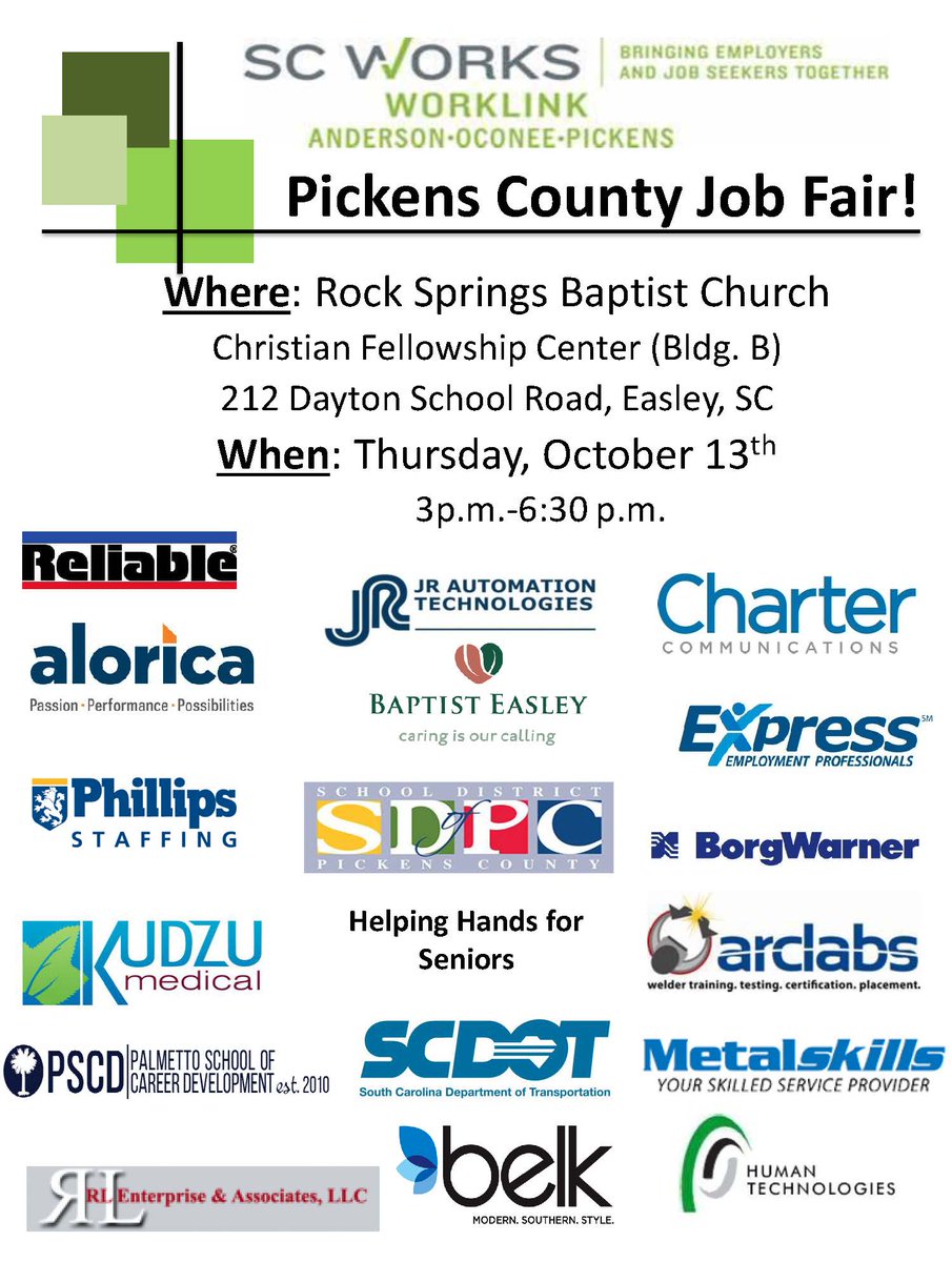 SCWorksWorkLink's tweet photo. 10/13/16 - Pickens County Multi-Employer Job Fair in Easley
#SCWorksAOP, #GetEmJobs https://t.co/dWFnHgHcbn