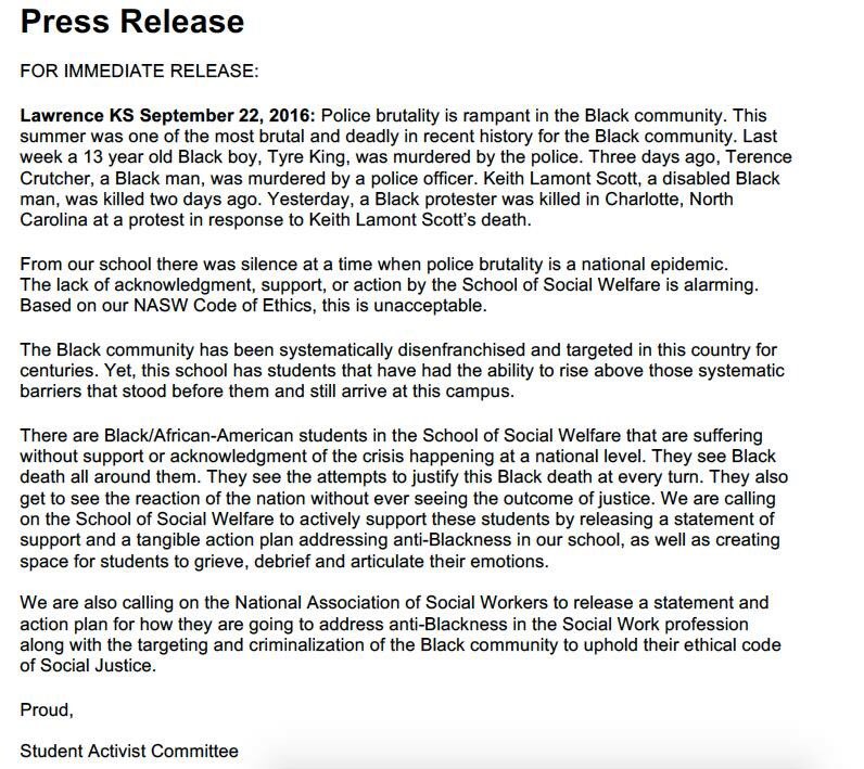 kuswsac's tweet photo. The previous press release on anti-Black violence has been re-released to correct the misspelling of Terence Crutcher's name. https://t.co/JTwInLOV7l