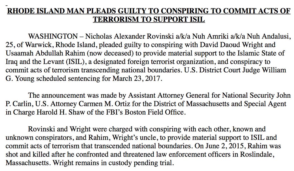Rhode Island man pleads guilty to conspiring to provide material support to ISIS and to commit terrorism transcending national boundaries.