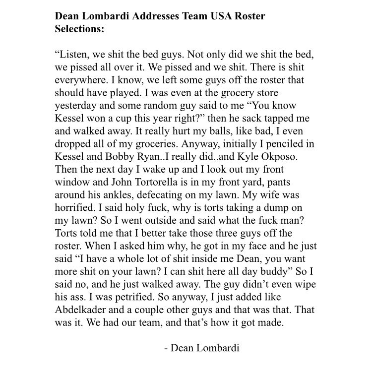heatdaddy69420's tweet photo. Yeah, REPORT: my sources just uncovered Dean Lombardi's real statement about torts and Team USA's roster.. https://t.co/6L3bwKNQs9