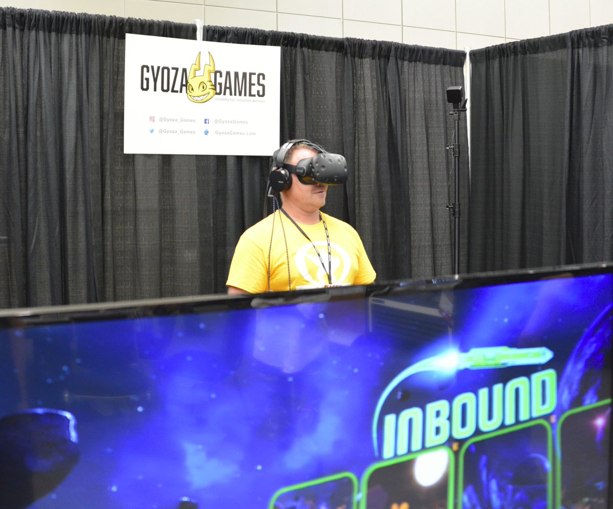 game_initiative's tweet photo. #agc16 attendee tries out @Gyoza_Games Inbound Missile Defense in the #agc16 expo hall. Thanks to @htcvive #vr #vrgames https://t.co/kCPxpYy1UI