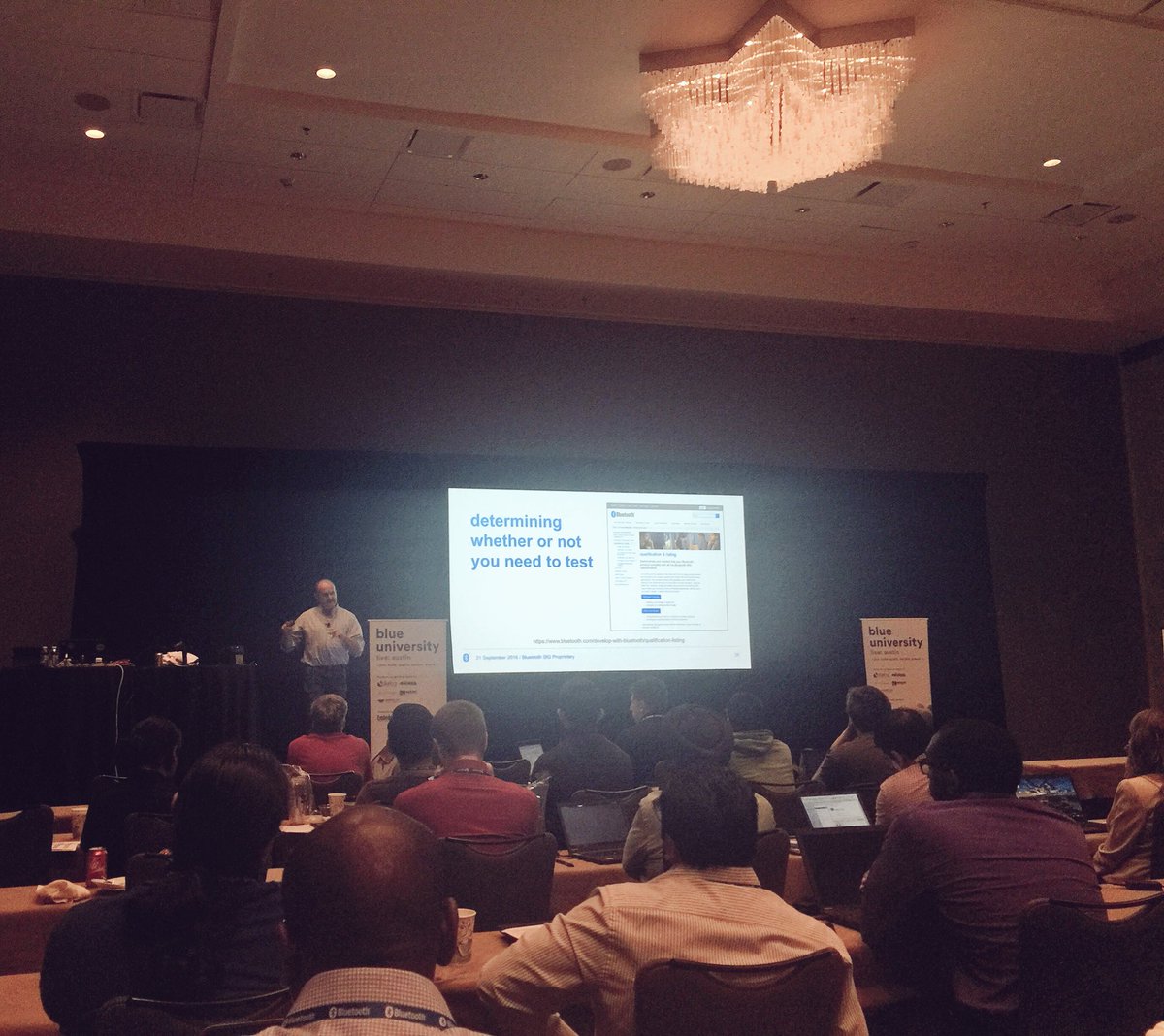 BluetoothSIG's tweet photo. Senior technical product manager Paul Connors is now discussing testing and qualifying your Bluetooth product. #BluetoothU https://t.co/afRTO7w89I
