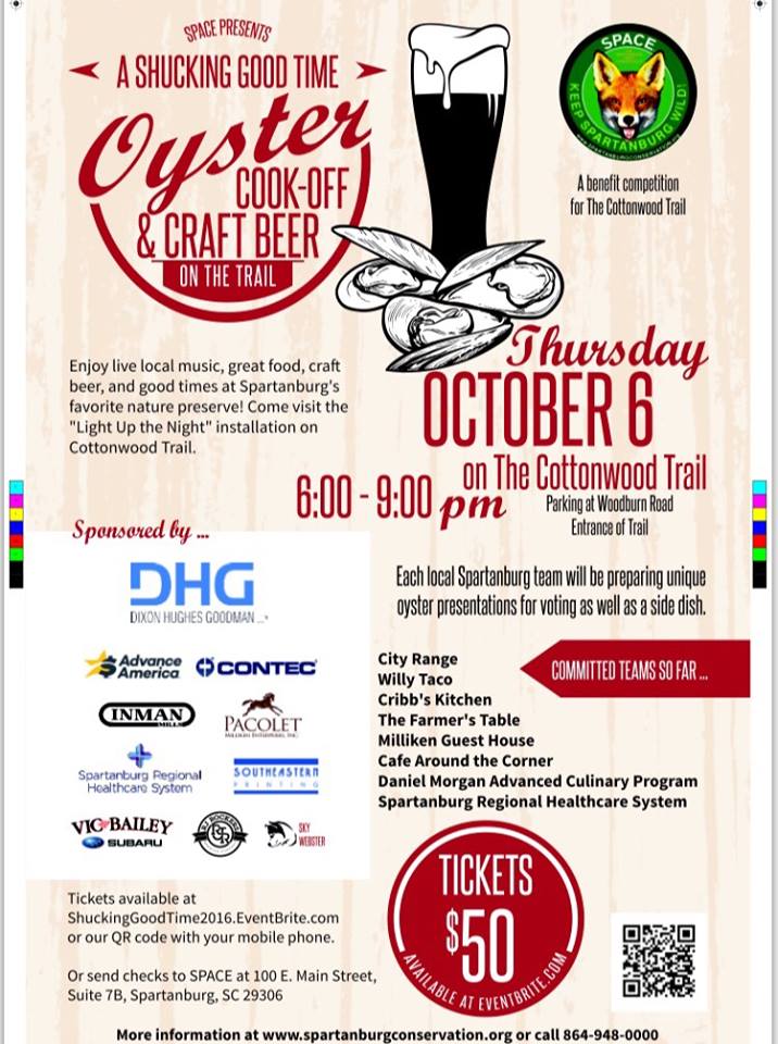 sbconservancy's tweet image. Oysters dishes and sides by Spartanburg's best chefs, craft beer, open bar and music on the Cottonwood Trail!!