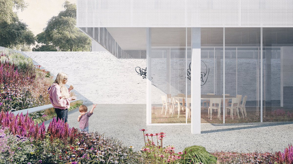 MG_MGAO's tweet photo. Courtyard/communal kitchen view of an unbuilt Social housing project which we designed long ago https://t.co/ngh7KZwbR6