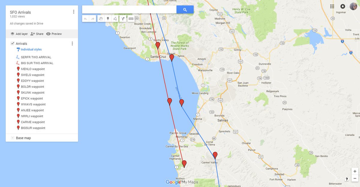 QuietSkiesCC's tweet image. Residents under #SERFR (blue line) seek to move path to #DAVYJ #BSR (red line). #SantaCruz #MontereyPeninsula issue medium.com/davyj/whats-th…