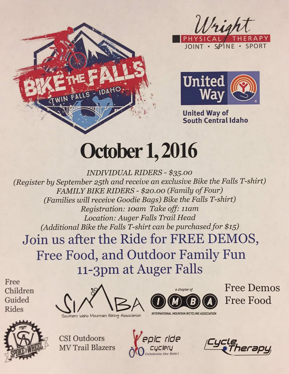 UnitedWay_scid's tweet photo. Join us #BikeTheFalls Oct. 1 #AugerFalls @WrightPhysical @SMarkHansen @statlerty @DebraLaing1 @CityofTwinFalls #fun https://t.co/I2MLUlxPde