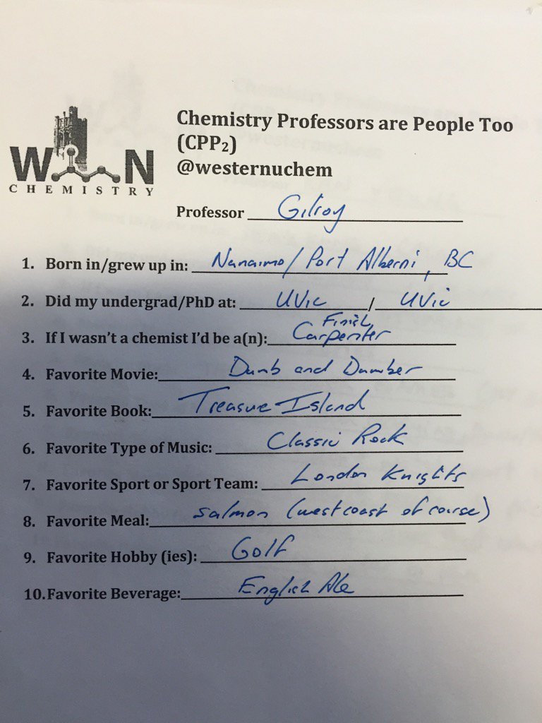 westernuchem's tweet image. This week in Chem profs are people too #CPP2 : @westernuscience Dr. Gilroy @GilroyGroup #westernu