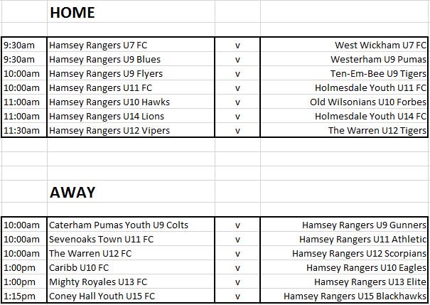 HamseyRangers's tweet photo. Fixtures for this weekend... Featuring games against @HolmesdaleFC @SevenoaksTownFC @ConeyFc @WestWickhamJFC and @CaterhamPumas #Grassroots https://t.co/H3fSLb2Fzb