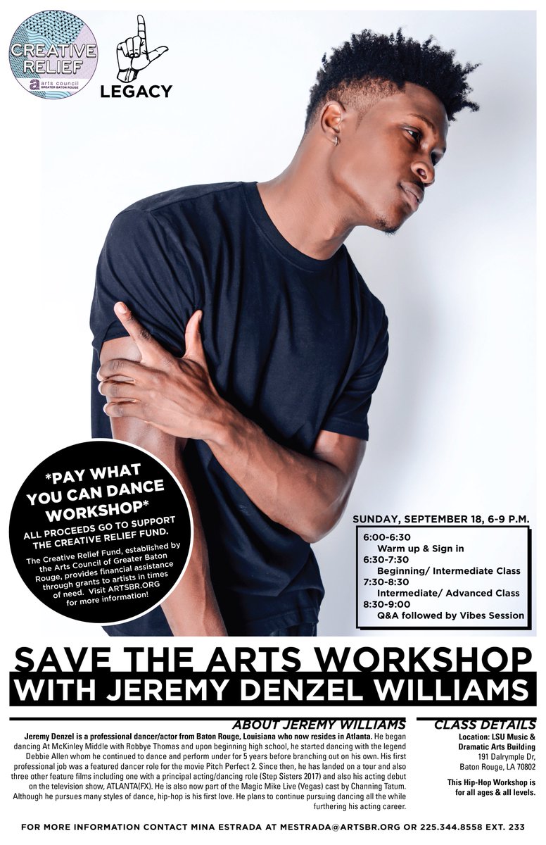 ArtsCouncilGBR's tweet photo. So excited to be working with Jeremy Denzel &amp; Legacy to bring this awesome workshop to Baton Rouge!  #creativerelief https://t.co/6m4O8fZCUs
