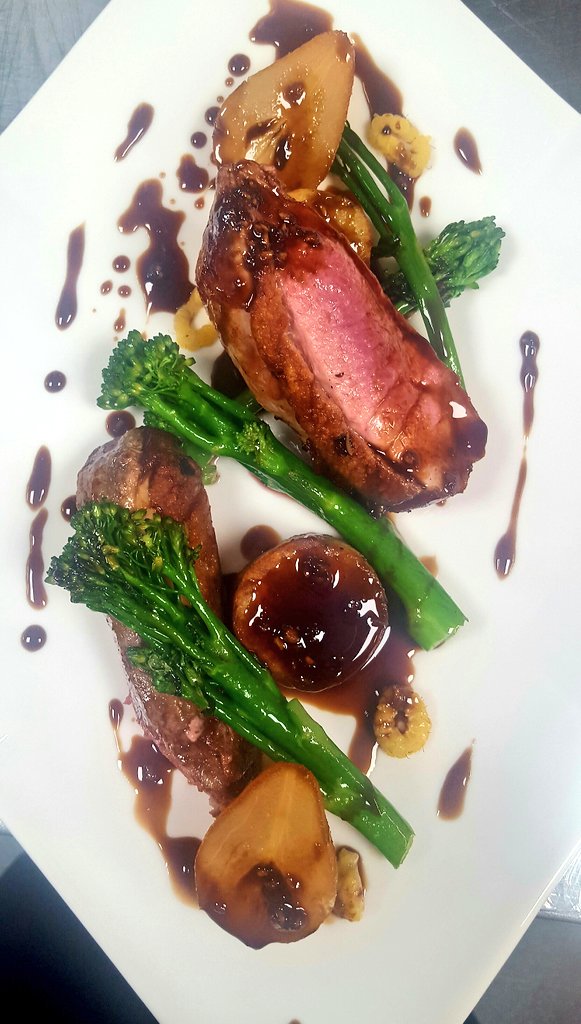 Duck breast, tenderstem, caramalised baby pear, golden raspberry jus.. #lovely #autumn