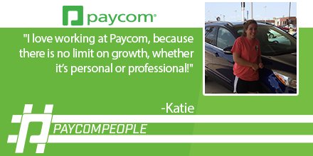 paycomcareers's tweet photo. Katie, team support specialist, loves that opportunities are endless at Paycom! #PaycomPeople https://t.co/6DQoi3zeM0