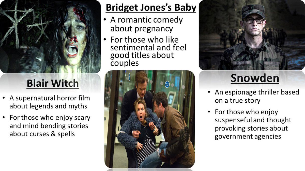 #blairwitch #SnowdenMovie and #BridgetJonesBaby are out this weekend, which one fits your taste?