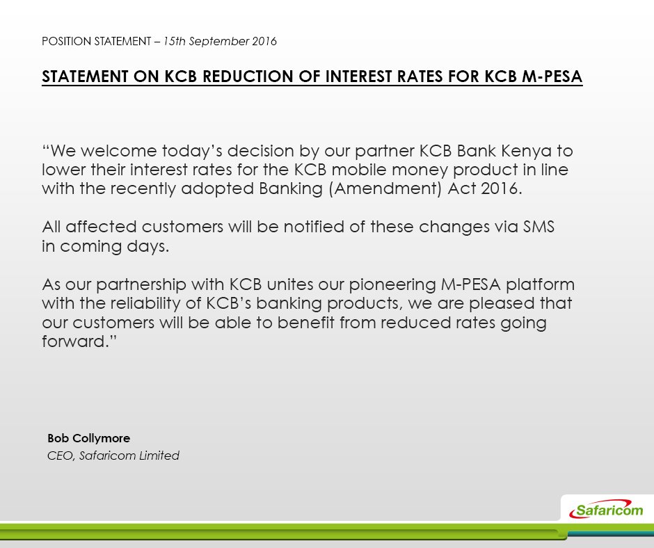 SafaricomPLC's tweet photo. Our Position statement on @KCBGroup decision to  reduce  KCB M-PESA interest rates. https://t.co/f9aoKx2OAj