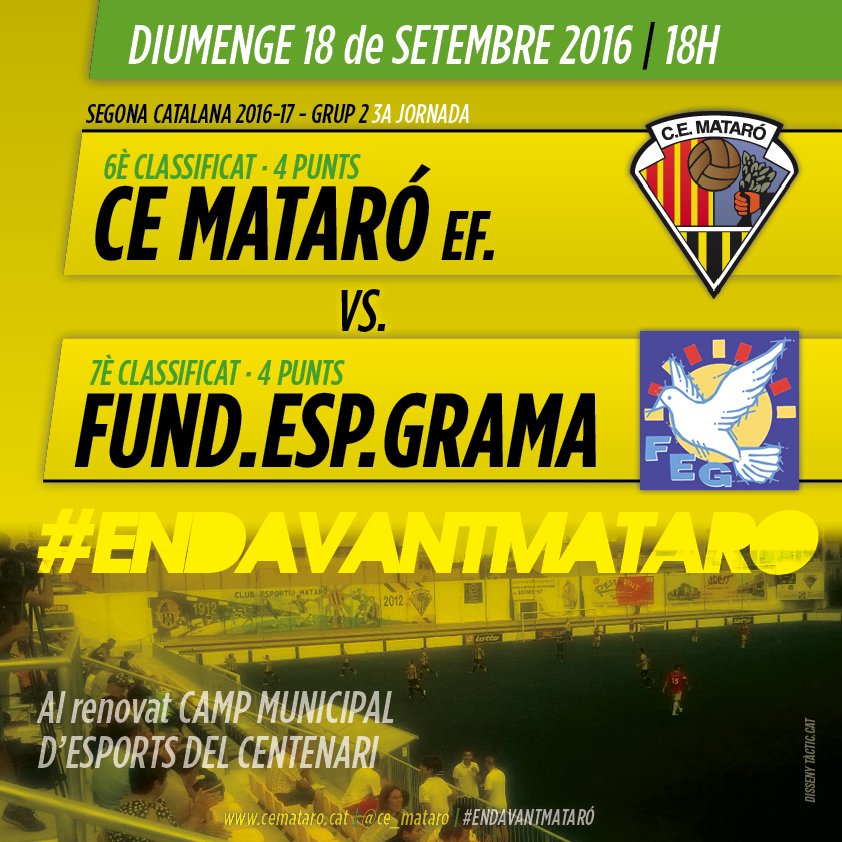 I el diumenge el 1r Equip juga A LES 18h contra un equip molt ben reforçat, la <a href="/FundacioGrama/">Fundació Esportiva Grama</a> #2cat2 #EndavantMataró