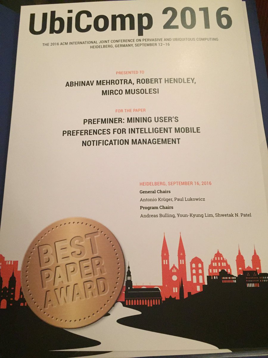 mircomusolesi's tweet photo. Best paper award at #ubicomp2016 and Gaetano Borriello prize for best student paper for @mehrotrabhinav https://t.co/AyiW2Dsigs