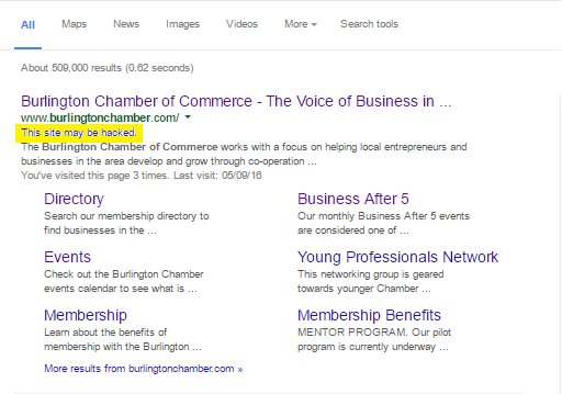 PerceptiveData's tweet photo. Hey @burlingtoncofc, did you know Google is saying your site might have been hacked? Not sure why! https://t.co/KXTgiwyW8w